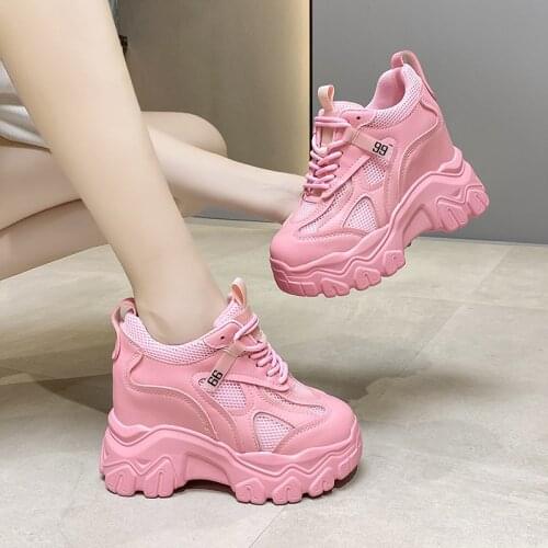 Lucyever Breathable Mesh Hidden Heels Sneakers Women Autumn Chunky Platform Ladies Sports Shoes Round Toe Lace-up Casual Shoes