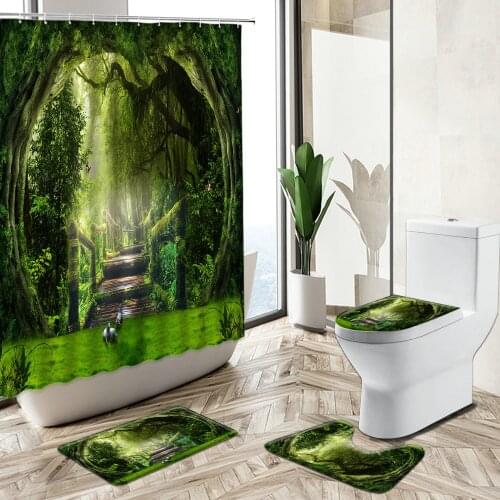 Forest Natural Scenery Shower Curtain Trees Green Plant Wooden Bridge Road Non-Slip Carpet Toilet Cover Floor Mat Set Washable