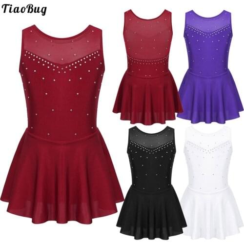 TiaoBug Summer Kids Girl Sleeveless Sparkly Crystals Tulle Back Leotard Dress For Figure Ice Skating Roller Skating Ballet Dance