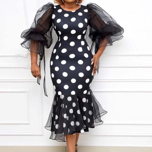 Summer African Women Dot Printed Dresses Patchwork Lantern Sleeve Package Hip Bodycon Mermaid Vestidos Plus Size Robes Female