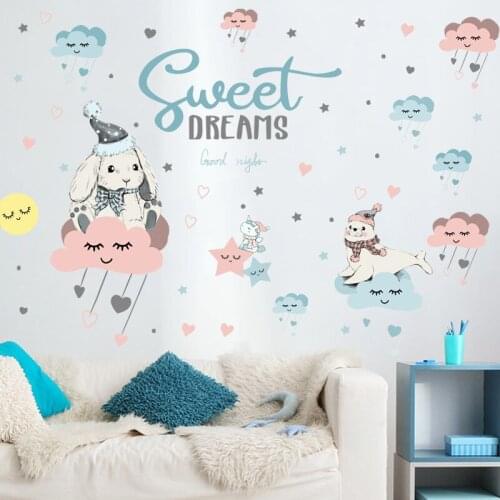 Cartoon Cloud Rabbit Wall Sticker Sweet Dreams Childrens Room Nursery Creativity Background Decoration Sticker