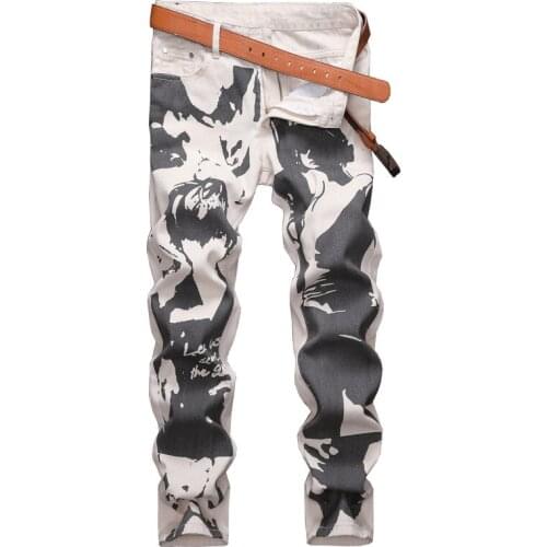 Mens Khaki Painting Printed Jeans Fashion Girl Cock Painted Slim Straight Denim Pants