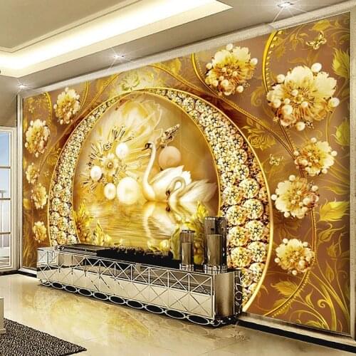 European Style Wallpaper 3D Stereo Gold Swan Lake Jewellery Flower Diamond Photo Wall Murals Living Room TV Sofa Bedroom Fresco
