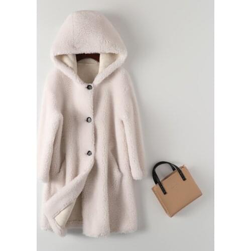 Genuine natural sheepskin fur coat womens casual warm fur coat with hood winter 2021