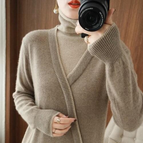 Autumn winter new knitted Cashmere Sweater women high neck pullover sweater Korean long-sleeved fake two-piece pure Wool sweater