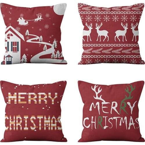 Simple Red Linen Christmas Pillow Covers Reindeer Tartan Print Christmas Decorative Throw Pillows Sofa Couch Car Cushions Cover