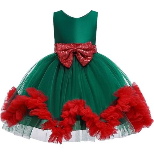 Christmas theme party new year girl dress red green stitching classic sequins bow festive children princess dress