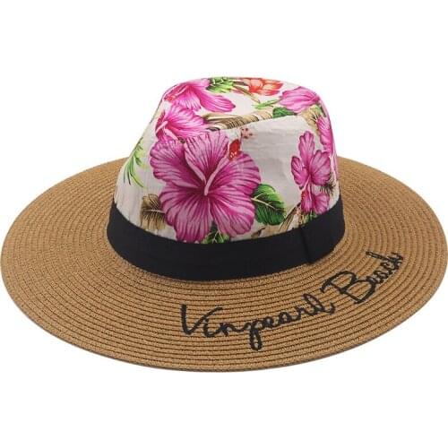 Womens hats summer letters embroidery straw hats men and women panama print sun hats outdoor sun protection big brim hats