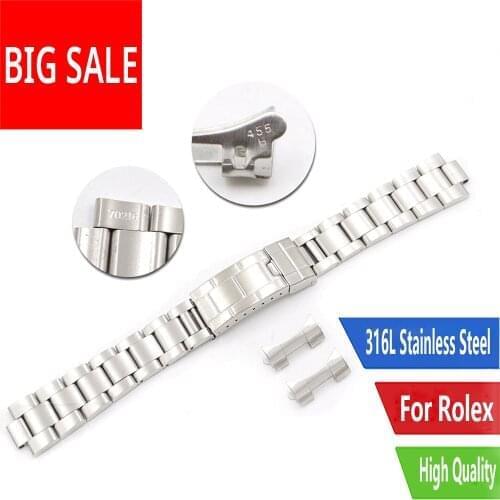 CARLYWET 20mm Steel Watch Band Hollow Curved End Glide Lock Clasp Silver Brushed Bracelet for Rolex VINTAGE Submariner Oyster