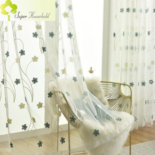Pastoral Pink White Embroidered Flowers Tulle Voile Curtains for Bedroom Blue Sheer for Living Room Kitchen Window Treatments
