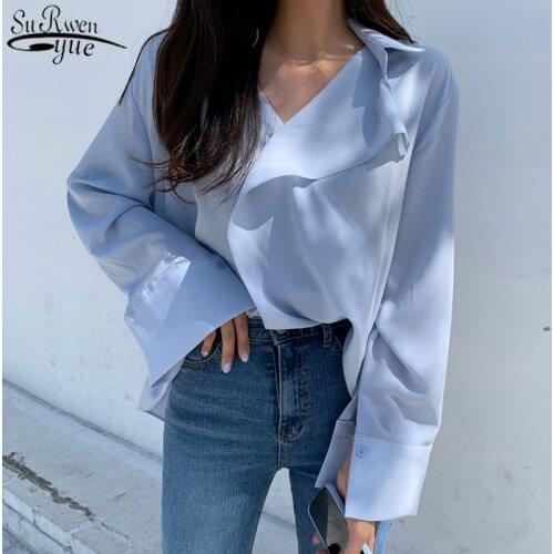 2021 Womens Shirt Blue Shirt Fashion Women White Blouses Long Sleeve Tops Women Loose Blouse V-neck Office Lady Style 13489