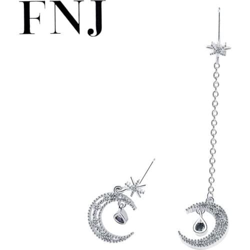 FNJ Moon Earrings 925 Silver Jewelry Original Pure S925 Sterling Silver Stud Earring for Women Zircon Gold color