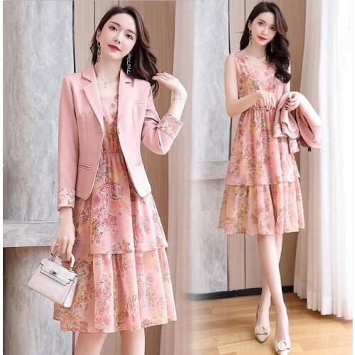 2020 Spring Autumn Plus Size Two Piece Sets Women Dress+Suits Casual Loose Elegant Long Sleeve Printing Dresses Suit Coat WF307