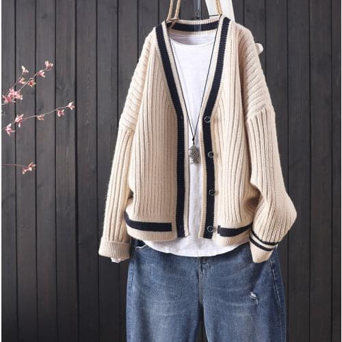 2021 Spring and Autumn Fashion Loose College Style Button Long Sleeve Knit Cardigan Womens Casual Sweater