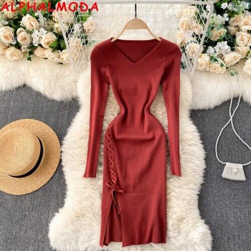 ALPHALMODA Knitted Dress 2021 New Spring Autumn Sexy V-neck Womens Drawstring Split Sexy Sweater Dress Trendy Vestidos