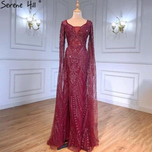 Serene Hill Burgundy Luxury Cape Sleeves Evening Dress 2021 Beaded Mermaid Elegant For Women Party Gown CLA71383
