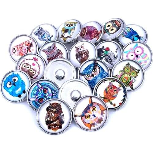 20pcs/lot 18mm 20mm Cartoon Owl Pattern Glass Cabochon Snap Buttons for DIY Snaps Bracelet Necklace Glass Charm Jewelry N024