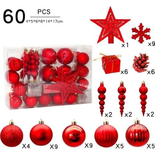 60 Pack Christmas Ball Ornaments Set Snowflake Pine Christmas Tree Hanging Ornament for Xmas Tree Decoration