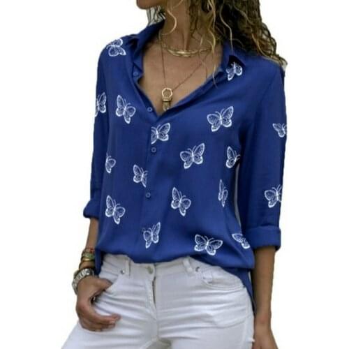 Butterfly Print Shirt Women Tops and Blouses Office Work White Shirts Casual Chiffon Tops Oversized Lapel Loose Button Up Blusas