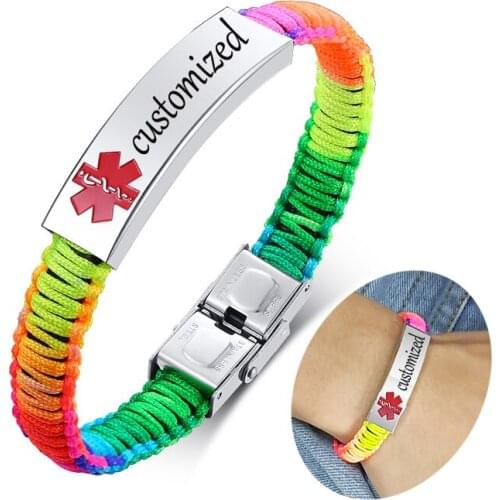 Customized Engraving Medical Alert ID Bracelet Women Men Nylon Handmade Braided Awareness Bracelets Rainbow Black Optional