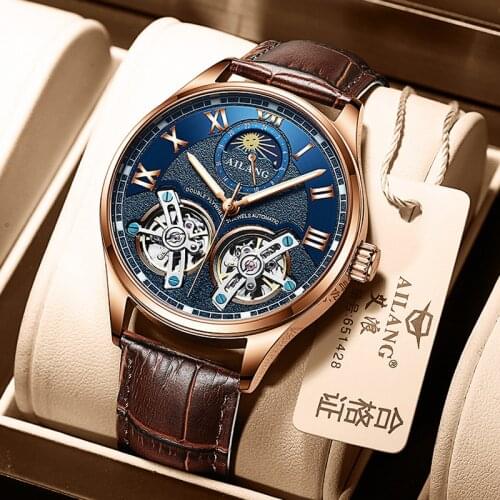 Top Brand Luxury AILANG Moon Phase Watch Men Automatic Mechanical Watches Double Tourbillon Genuine Leather Waterproof Clock