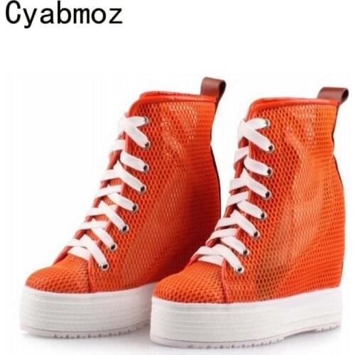 Cyabmoz Fashion Women Platform Lace up Wedges High heels Height increasing Breathable High top Ankle Boots Mesh Ladies Shoes