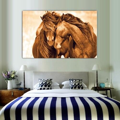 Two Horses Love Animals Painting Artistic Canvas Art Gold Poster Prints Modern Wall Art Picture For Living Room Canvas Painting