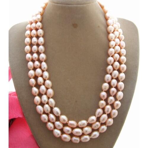 Beautiful 3Strad Natural 8x10MM Pink Pearl Necklace
