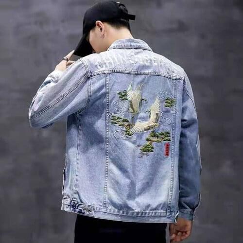 Chinese style mens retro crane embroidery cotton denim jacket mens street casual slim hip-hop jeans jacket jacket