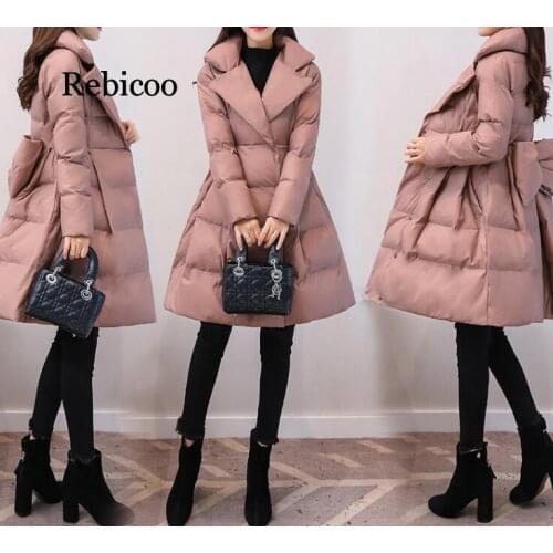 Winter Women Sweet Jackets A-Line Down Cotton Jacket With Big Bow Female Cotton-Padded Slim Winter Coats