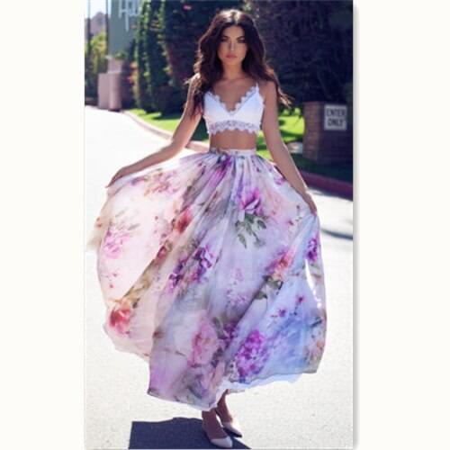 Summer Skirts HOT Women Summer Casual Boho Elastic High Waist Loose Print Pleated Long Skirts Size S-XL