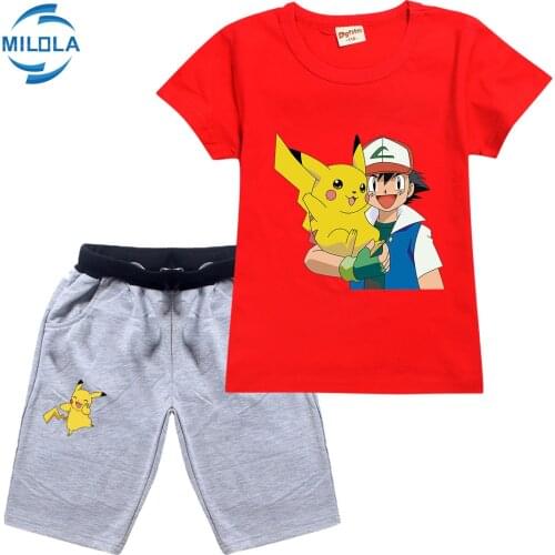 Pokemon Go Anime Cartoon Print Pikachu Summer Childrens Cotton Short Sleeve T-shirt Pants Boys Girls Casual Clothes Set