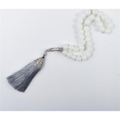 Tesbih Store 10mm white color crystal pearl beads with grey tassel Prayer Beads Tasbih Misbaha Islamic bracelet