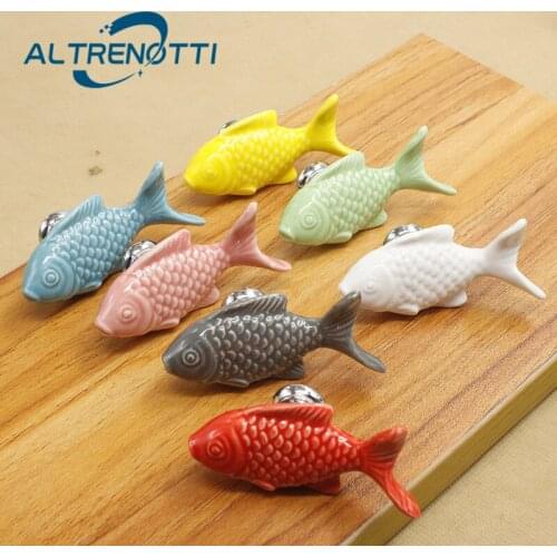 Wardrobe Furniture Ceramic Handle Cute Fish Shape Colorful Knob For Kids Room Kitchen Drawer Cupboard Door Pull Rural Hardware