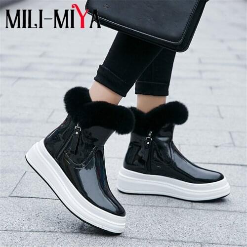 MILI-MIYA New Arrival Women Patent Leather Snow Boots Rabbit Hair Warm Plush Zipper Round Toe Platform Heels Size 34-40 For Lady