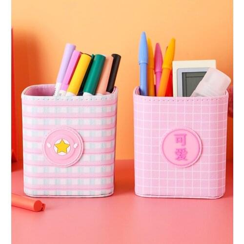 Cute PU Small Pencil Holder Office Accessories Desk Stationery Organizer Pen Stand Remote Control Storage Box