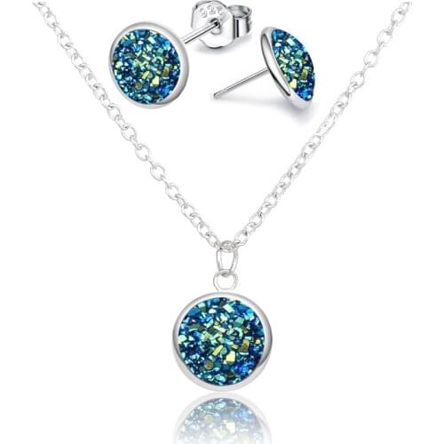 Minimalist Silver Color Round Pendant Necklace Earrings Set for Women Fashion Rhinestone Wedding Jewelry Sets Trendy Accessories