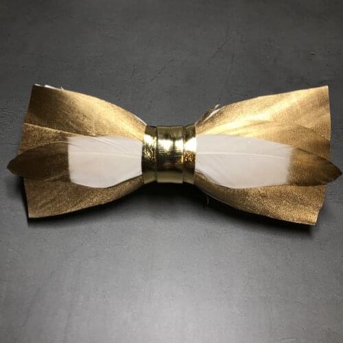 New Free Shipping fashion casual Mens male Golden natural feather stitching leather bow tie set groom wedding banquet host