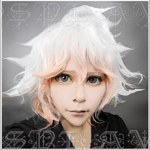 Anime Danganronpa Dangan-Ronpa Nagito Komaeda Cosplay Wigs Short Curly Heat Resistant Synthetic Hair Wig + Wig Cap