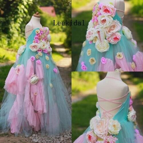 3 D Flower Applique Flower Girls Dresses Pink and Green Princess Ball Gown Floral Applique Straps Girls Photography Dress Custom