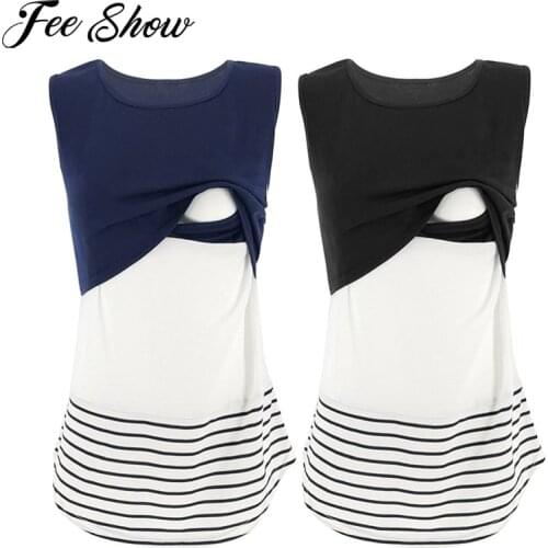 Pregnant Women Sleeveles Striped Nursing Tank Top Maternity Tops Breastfeeding Tops Ladies T-Shirt Pregnancy Loose Tees Clothes