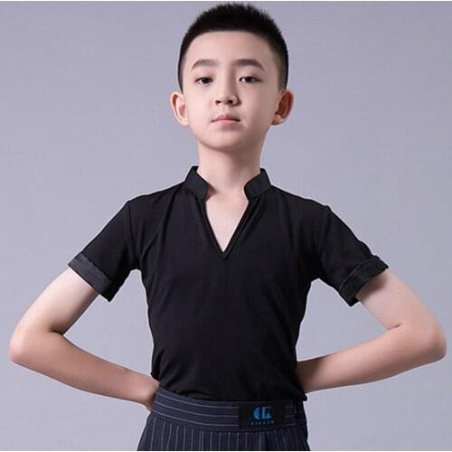Boys Latin Dance Shirt Silk V Collar Short-Sleeved Professional Competition Performance Clothes Cha Cha Rumba Samba DNV13653