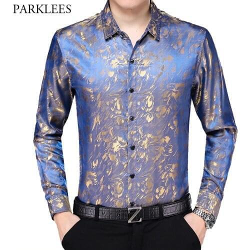 Floral Print Satin Silk Men Dress Shirts Comfortable Smooth Mens Shirt Business Work Casual Men Long Sleeve Slim Fit Men Chemise