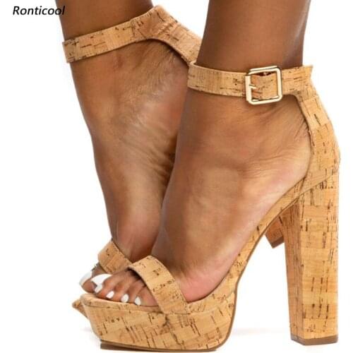 Ronticool Customization Color Women Platform Sandals Ankle Strap Block Heels Open Toe Gorgeous Brown Casual Shoes Size 35-52