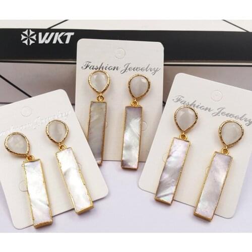 WT-E421 Wholesale fashion jewelry natural white stone stud with long bar natural shell pendant trendy style drop earrings