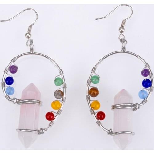 Fashion Multicolor 7 Chakra Beads Yoga Reiki Drop Earrings Healing Rainbow Natural Stone Pink Crystal earring for women Jewelry
