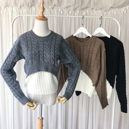IHOBBY Women Fake Two Piece Twist Knit Sweater Fashion New Korean Round Collar Long Sleeve Crop Top Stitching Knitwear