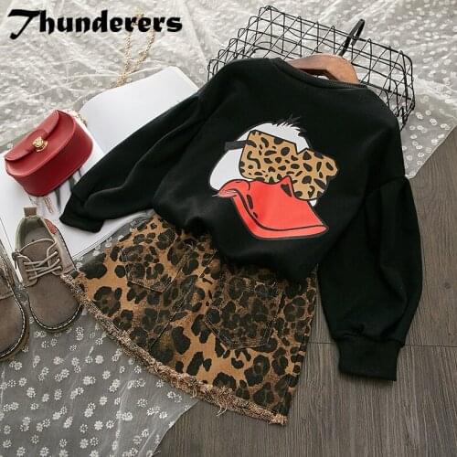 Thunderers Spring Autumn Kids Clothes Set For Girl Printed Cartoon Shirt With Leopard Skirt Fashion Girl Clothing Set Costume