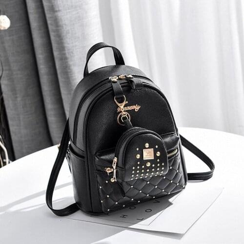 Ladies Fashion Pu Leather Small Beading Backpacks 2021 Summer New Girls Solid Student Book Travel Backpack School Bags