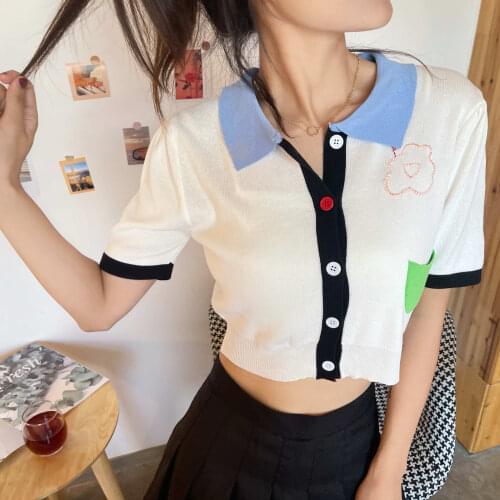 Short Knitted Top Women 2021 Summer Embroidered Printed POLO Collar Short Sleeves Ultra Short Cropped Top T Shirt White Female